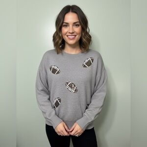 Calligraphy Gray Knit Sweater with sequin Football Embellishments Size L